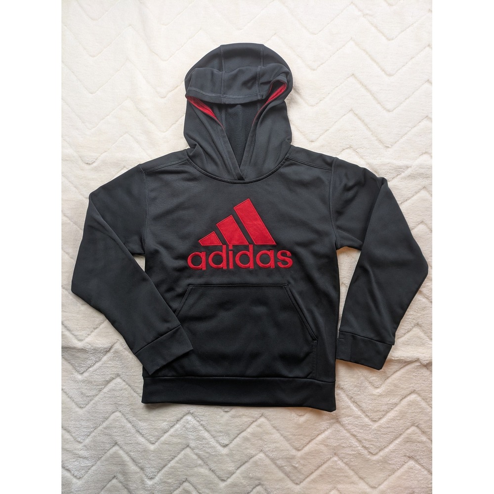 Adidas Boys Black Red Embroidered Logo Fleece Lined Pullover Hoodie Size 10/12